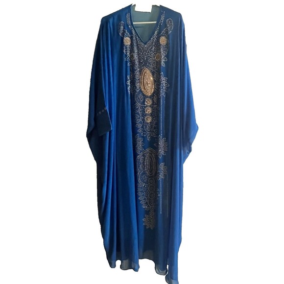 Kaftan Egyptian‎ Blue Caftan Dress Sequins Lined Interior Tie Abaya Fairy XL - Picture 2 of 5